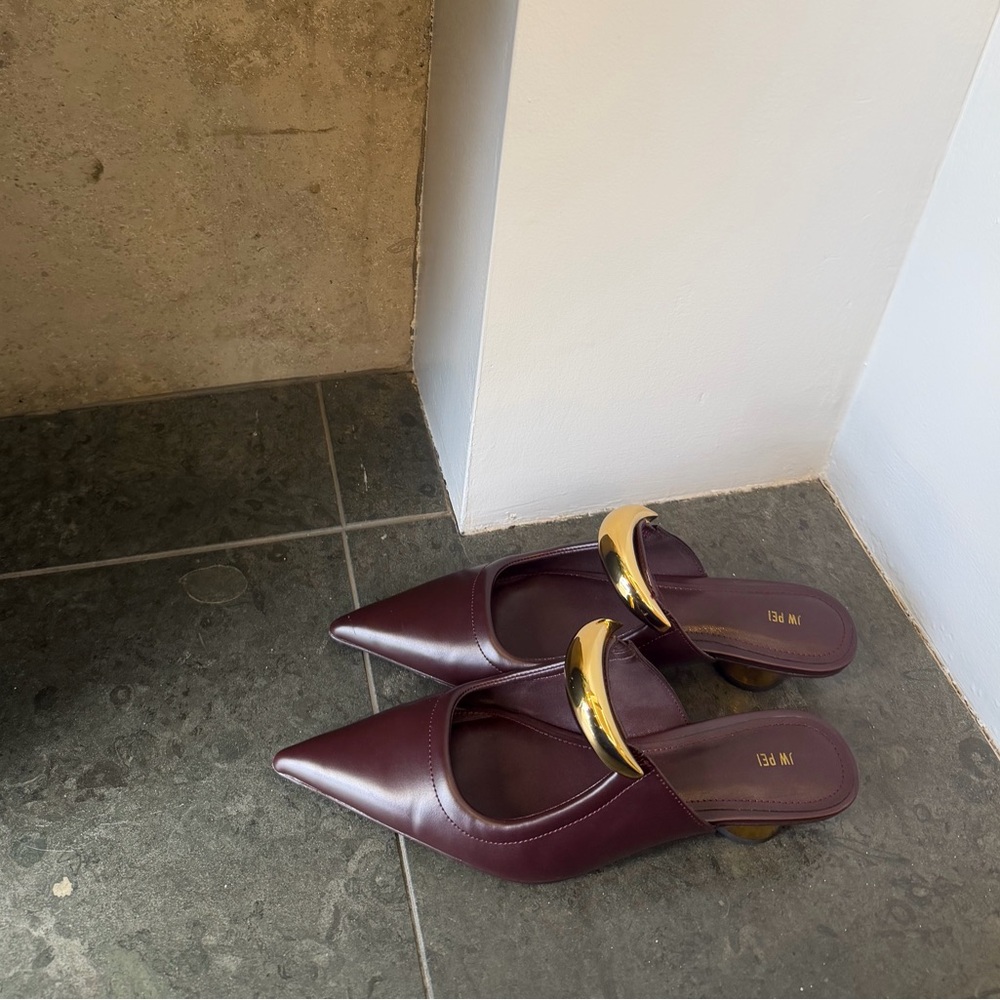 JW PEI Pointed Helena Pierced Mule Heels in Clared Red (Burgandy/Gold)
